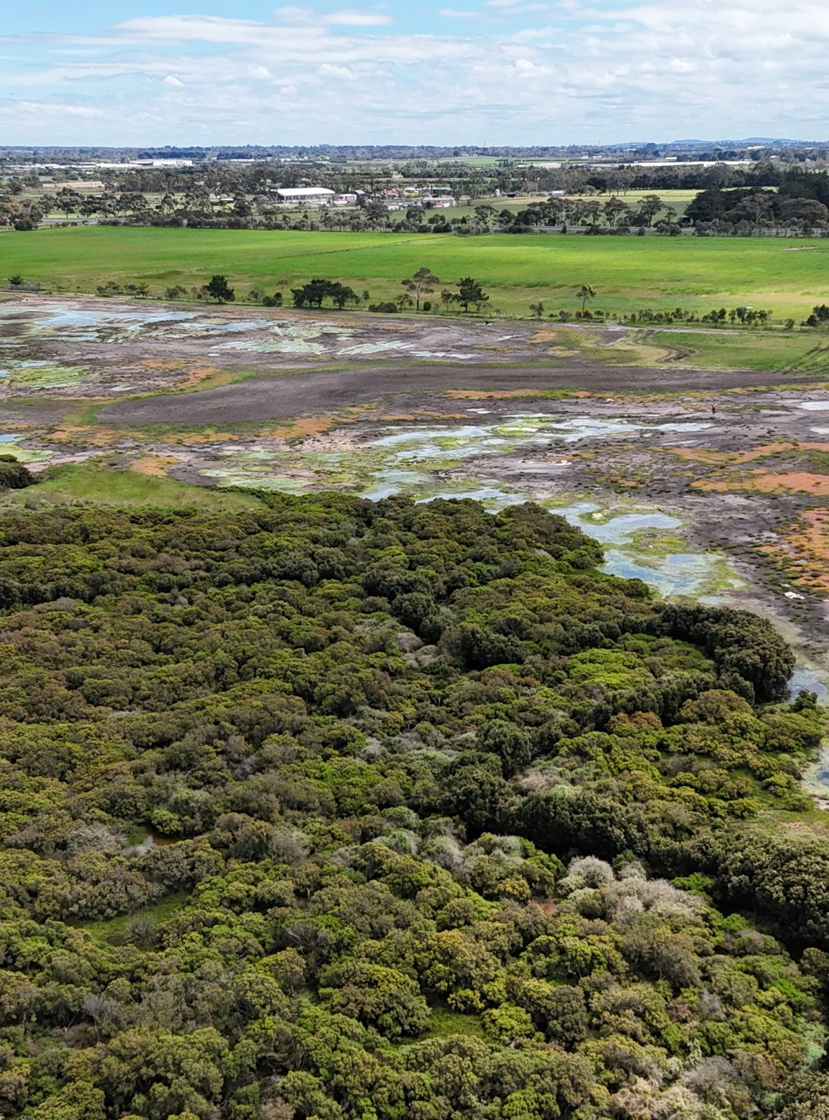 Aerial view of the saltmarsh meeting surrounding farmland